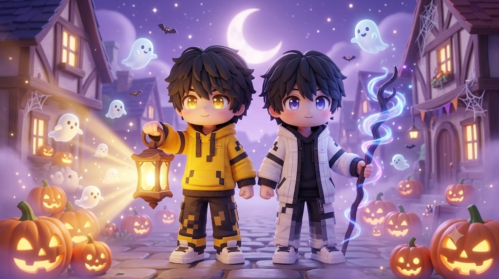 Abhay and Divyansh sharing Halloween magic on a moonlit neighborhood street