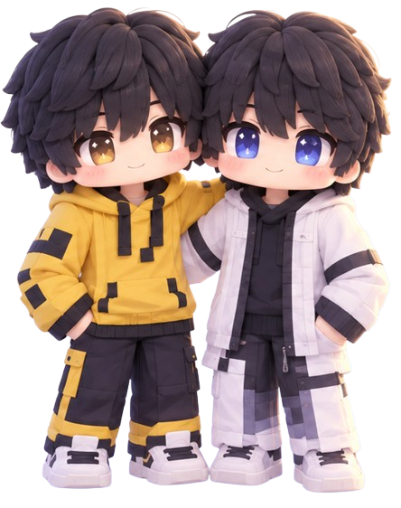 Two cute friends in yellow and lavender streetwear standing together